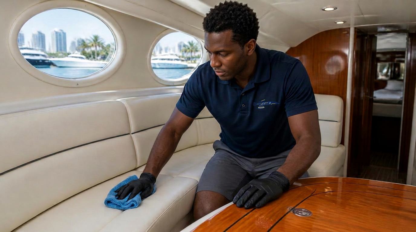 Detailer cleaning white marine vinyl seating inside a boat cabin