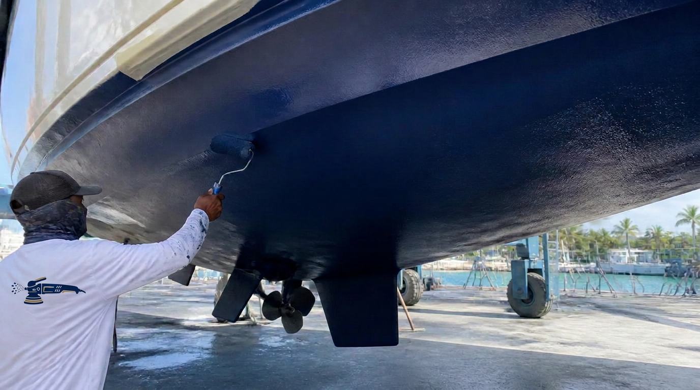 Worker applying dark blue antifouling bottom paint to a boat hull on stands