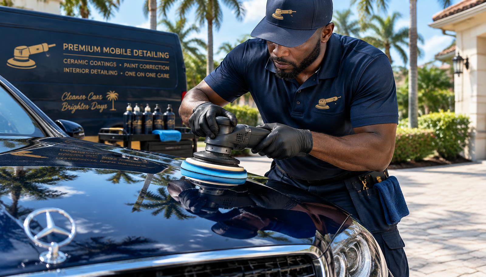Detailer applying ceramic coating to the glossy hood of a car in a West Palm Beach driveway